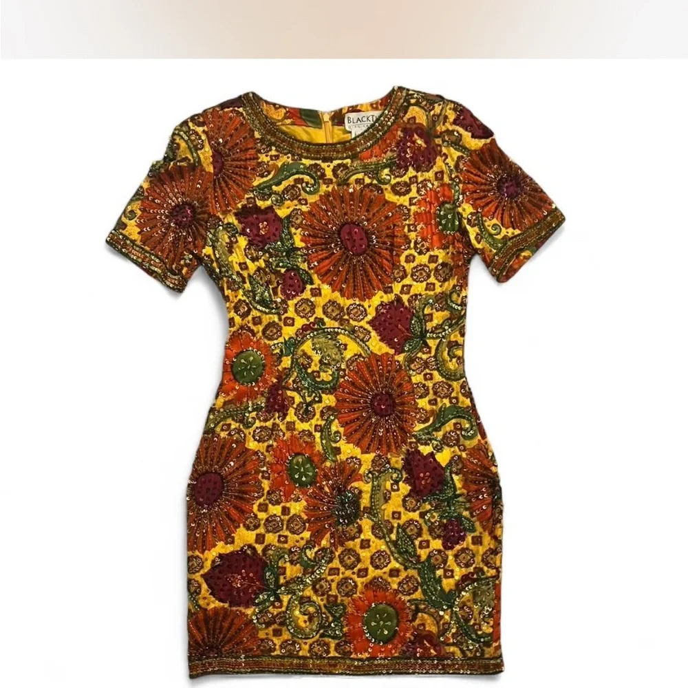 VTG Oleg Cassini XS Orange Yellow Vintage Beaded Mini Dress